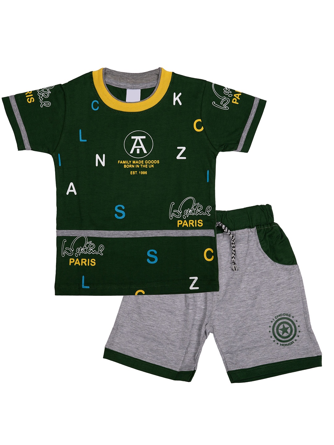 

CELEBRITY CLUB Boys Printed Pure Cotton T-shirt with Shorts, Green