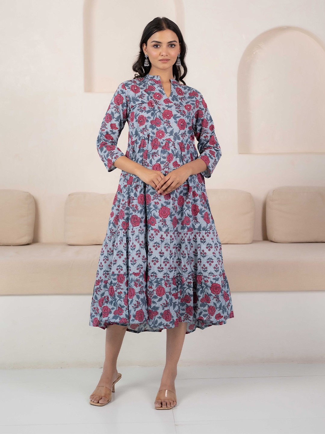 

Myshka Mandarin Collar Fit and Flare Embellished Detail Floral Print Ethnic Dress, Blue