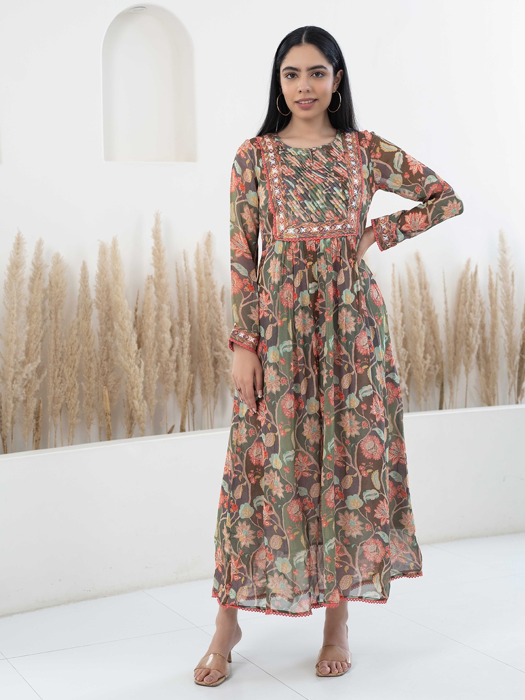 

Myshka Floral Printed Lace Inserts Georgette Fit & Flare Ethnic Dress, Coffee brown