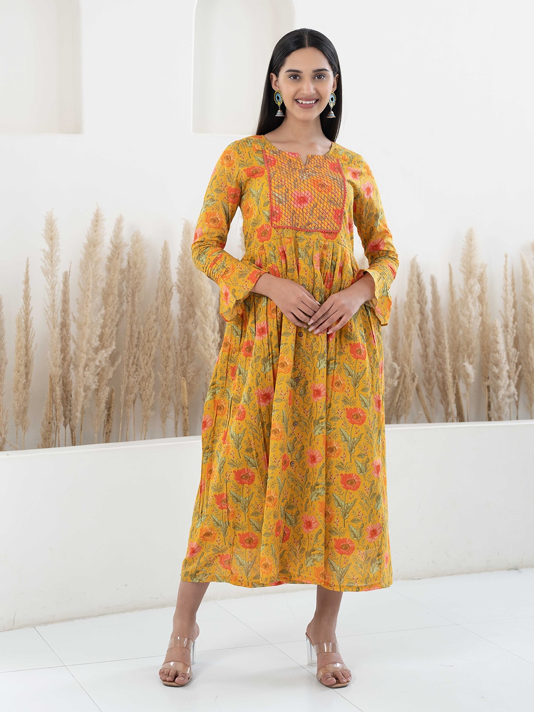 

Myshka Floral Printed Lace-up Detail Cotton Fit & Flare Ethnic Dress, Mustard