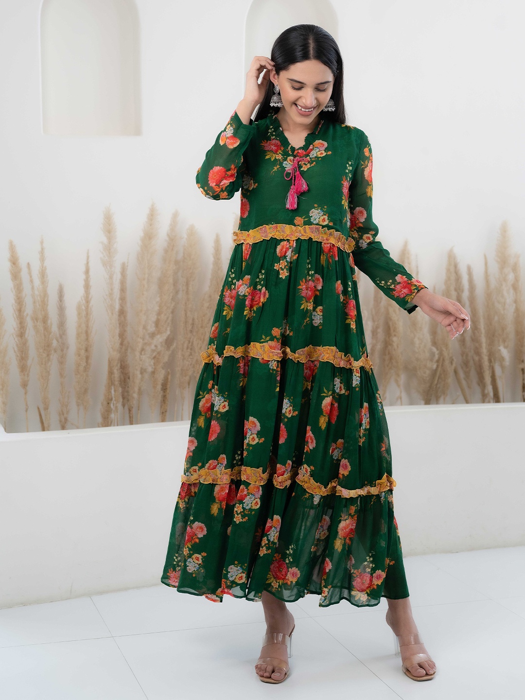 

Myshka Floral Print Tie-Up Neck Maxi Dress, Green