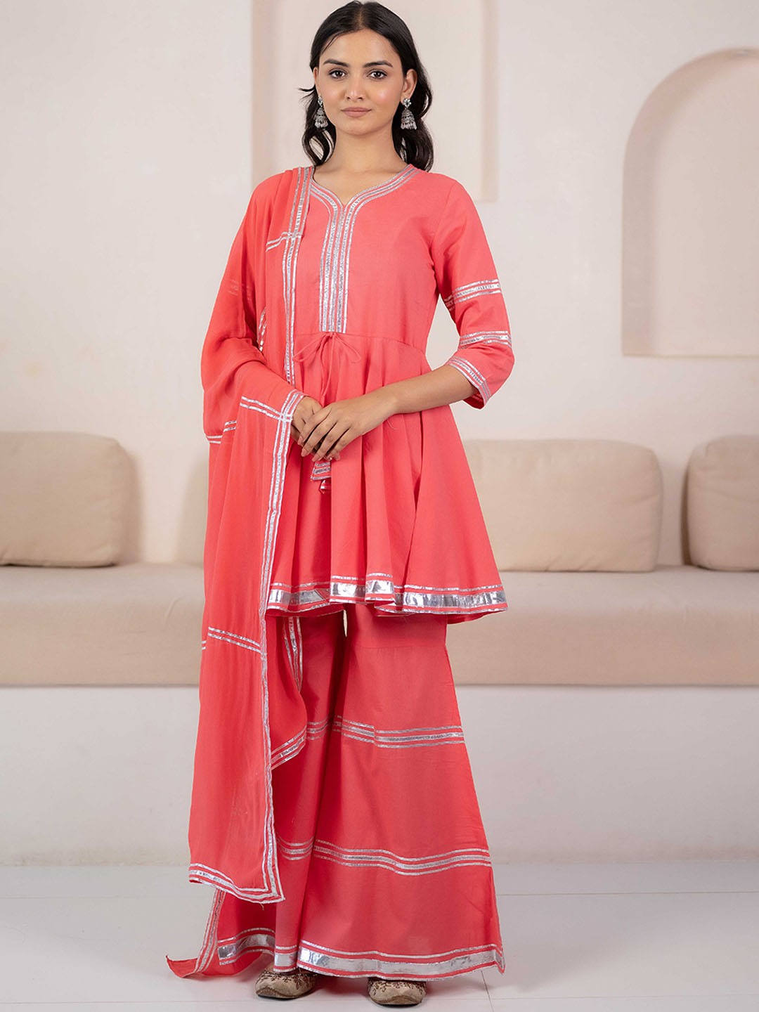 

Myshka Gotta Patti Anarkali Kurta with Sharara & With Dupatta, Pink