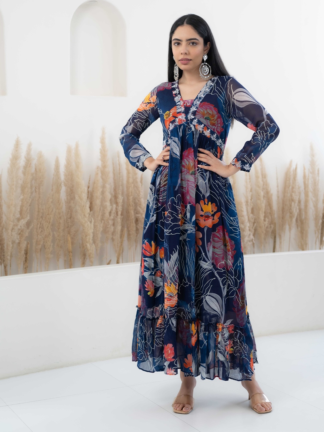 

Myshka Embroidered Floral Print Long sleeves Empire Dress, Navy blue