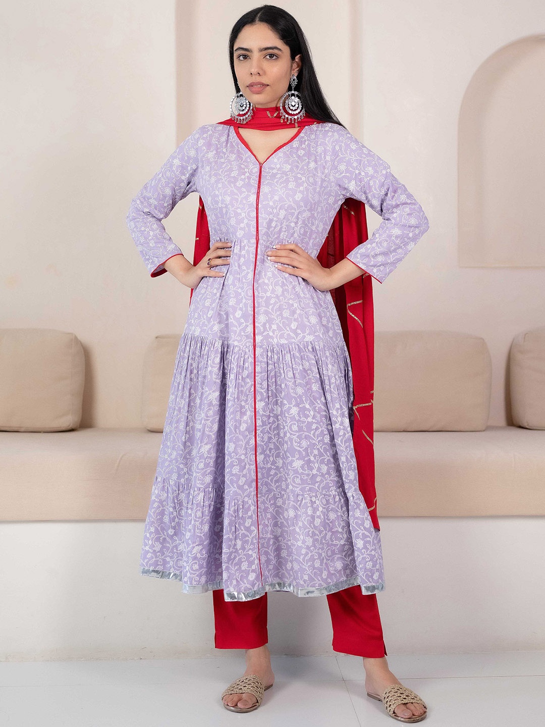 

Myshka Floral Printed Tiered Mirror Work Anarkali Kurta With Trousers & With Dupatta, Lavender