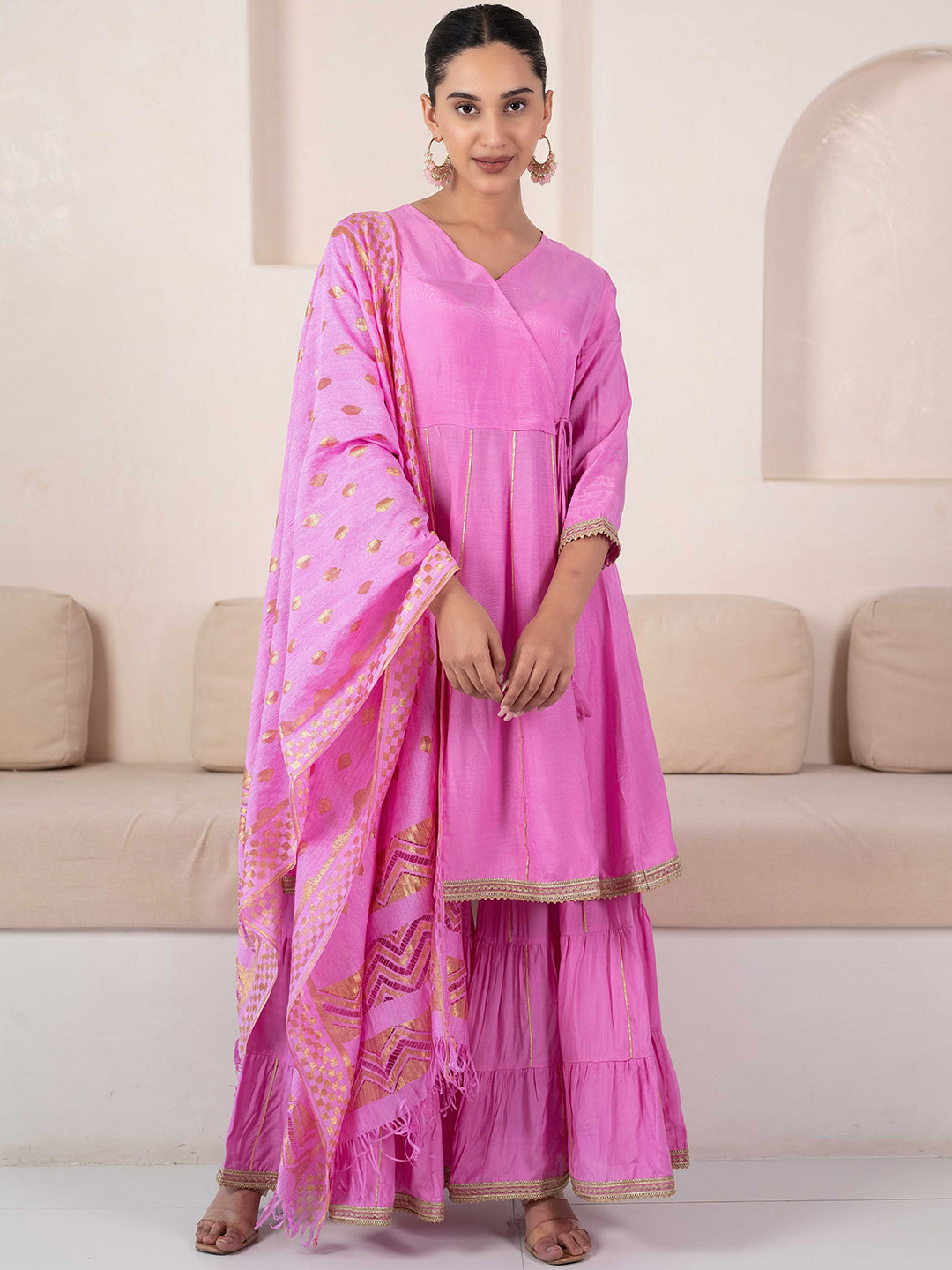 

Myshka Gotta Patti Anarkali Kurta with Sharara & With Dupatta, Pink