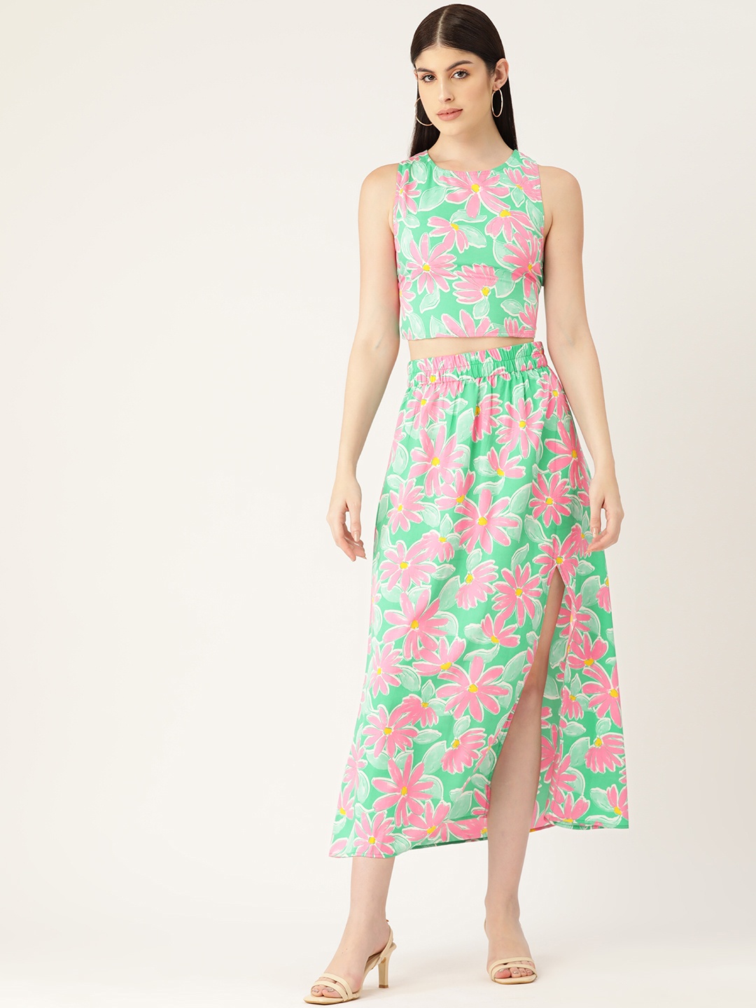 

Antheaa Women Printed Top with Skirt, Green
