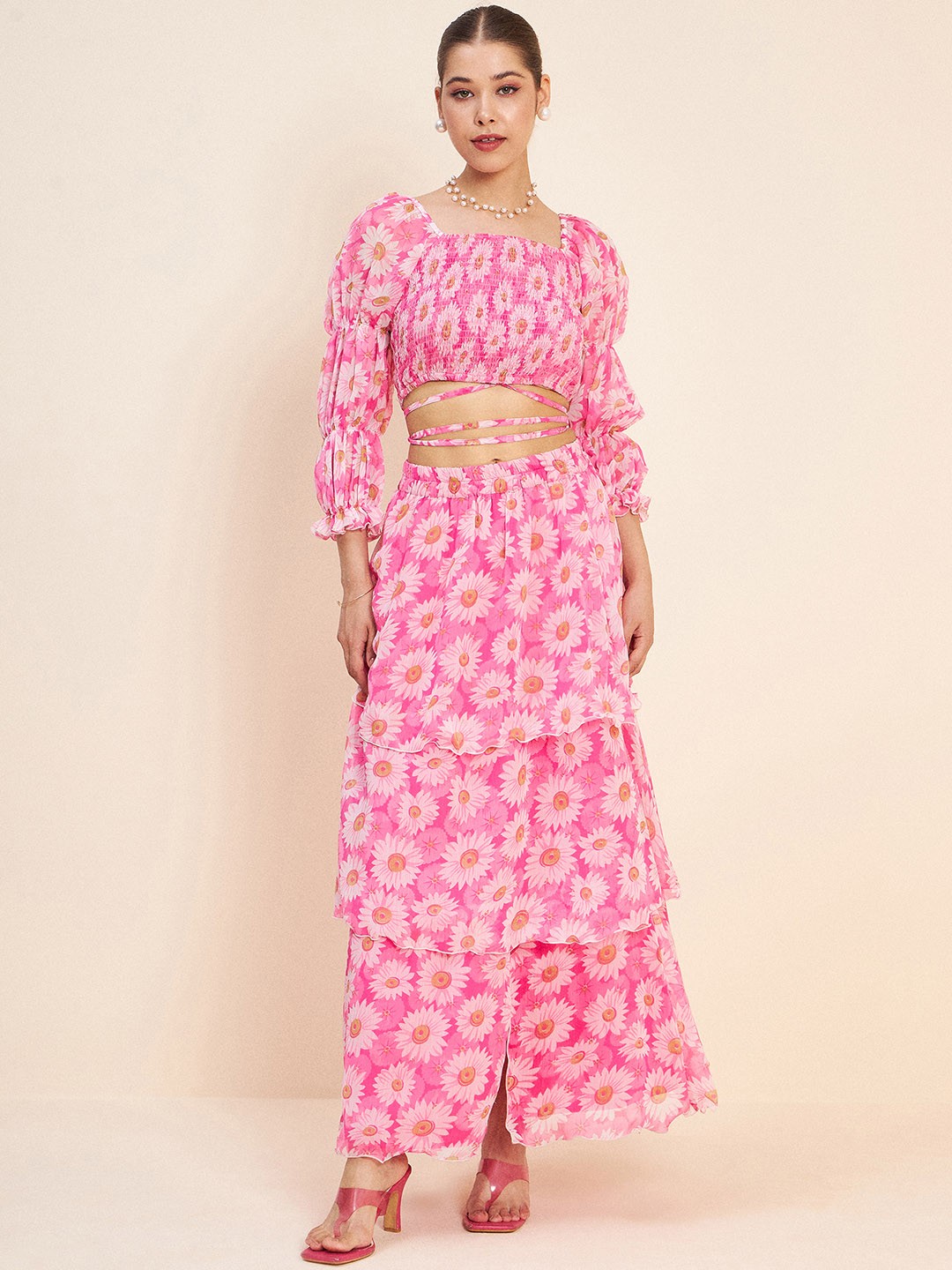 

Antheaa Women Printed Top with Skirt, Pink