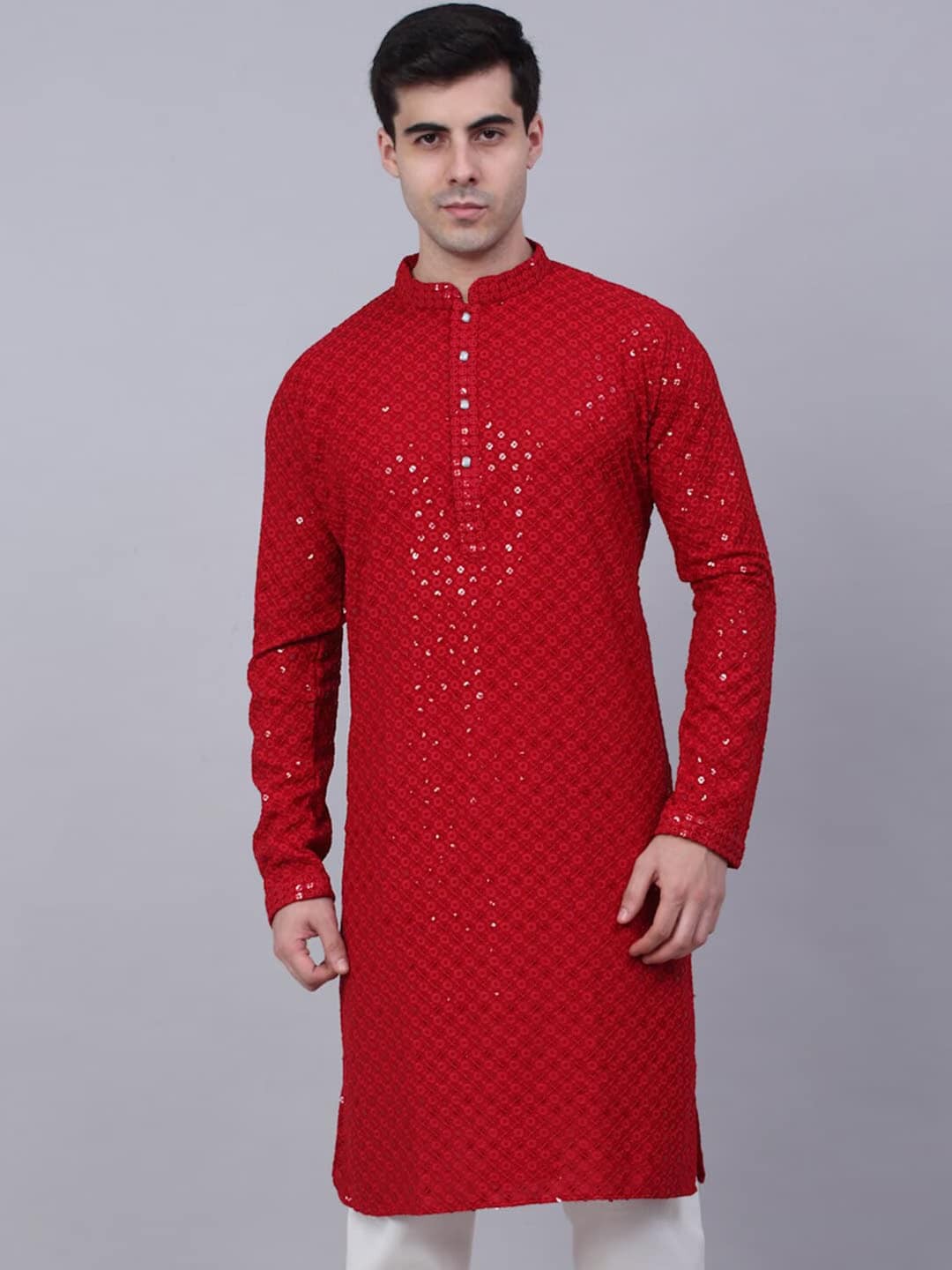 

Angroop Sequinned Embroidered Mandarin Collar Long Sleeves Kurta, Red
