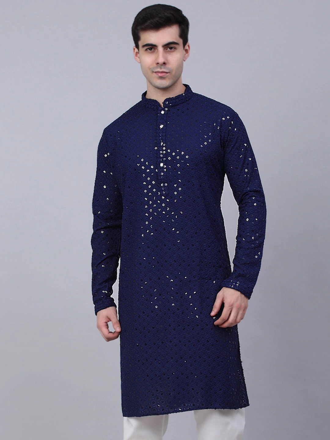 

Angroop Sequinned Embroidered Mandarin Collar Long Sleeves Kurta, Navy blue
