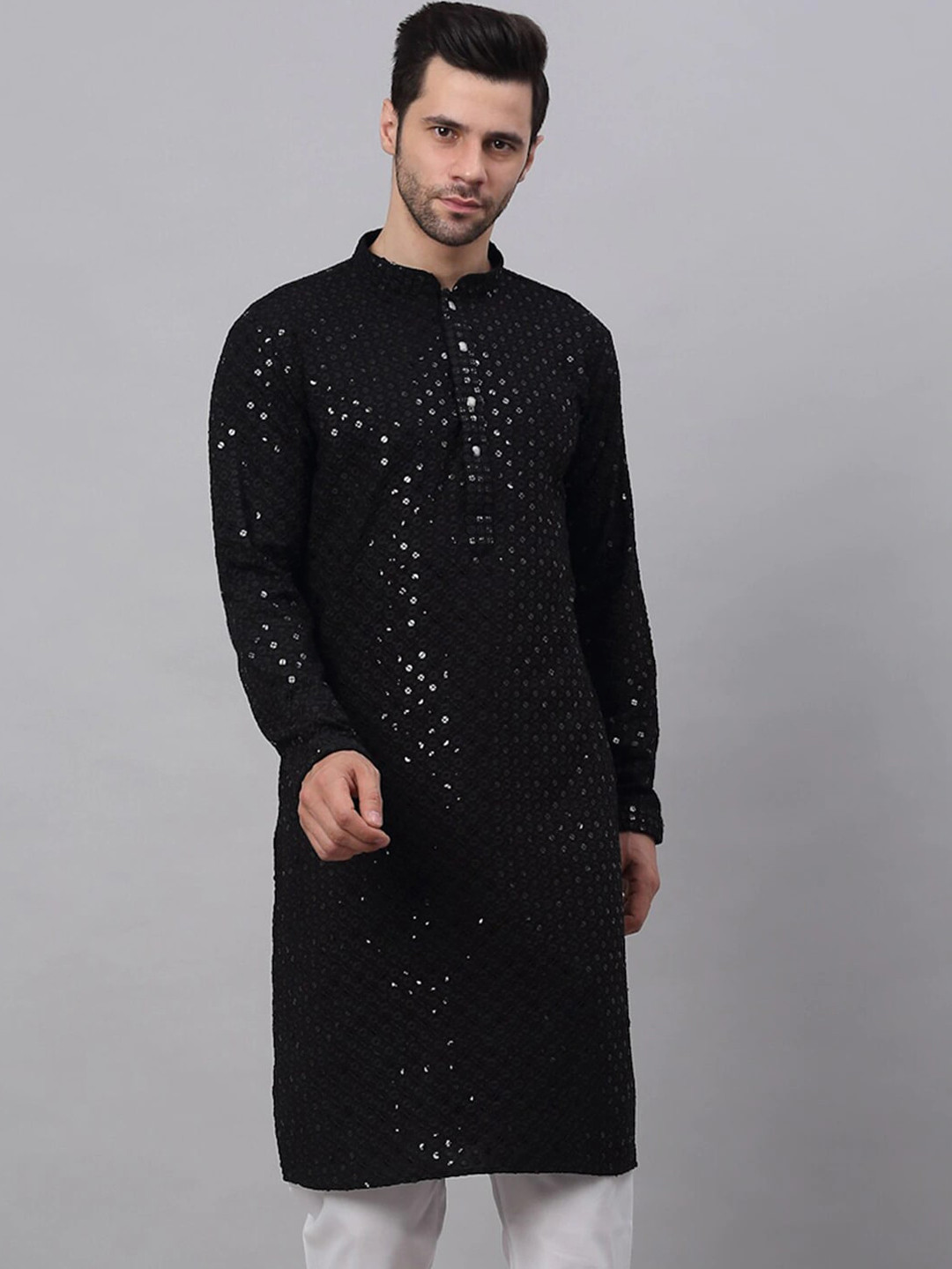 

Angroop Woven Design Mandarin Collar Striaght Chikankari Kurta, Black