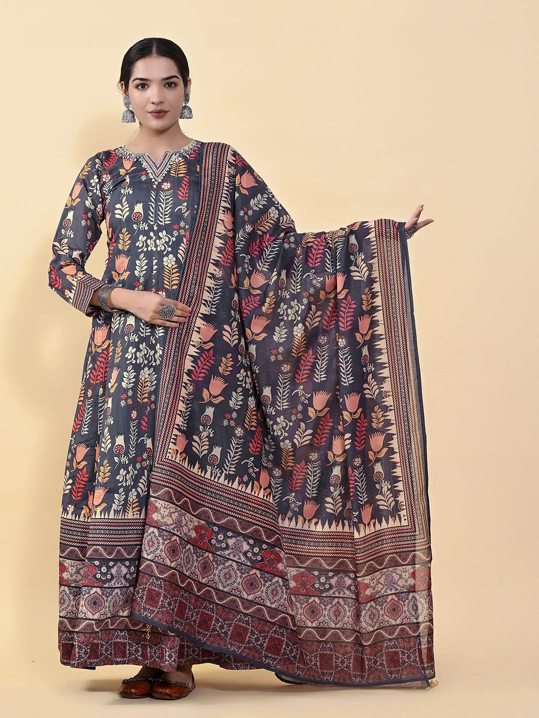 

elora Ethnic Motifs Printed Silk Maxi Dress With Dupatta, Navy blue