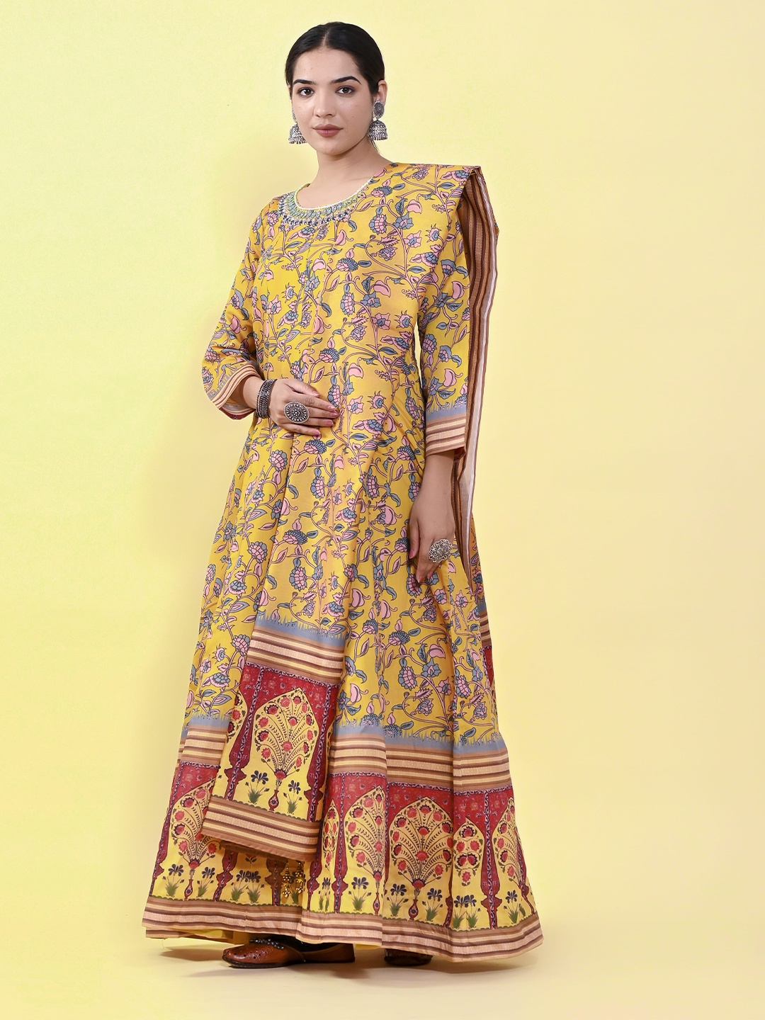 

elora Ethnic Motifs Printed Silk Maxi Dress With Dupatta, Yellow