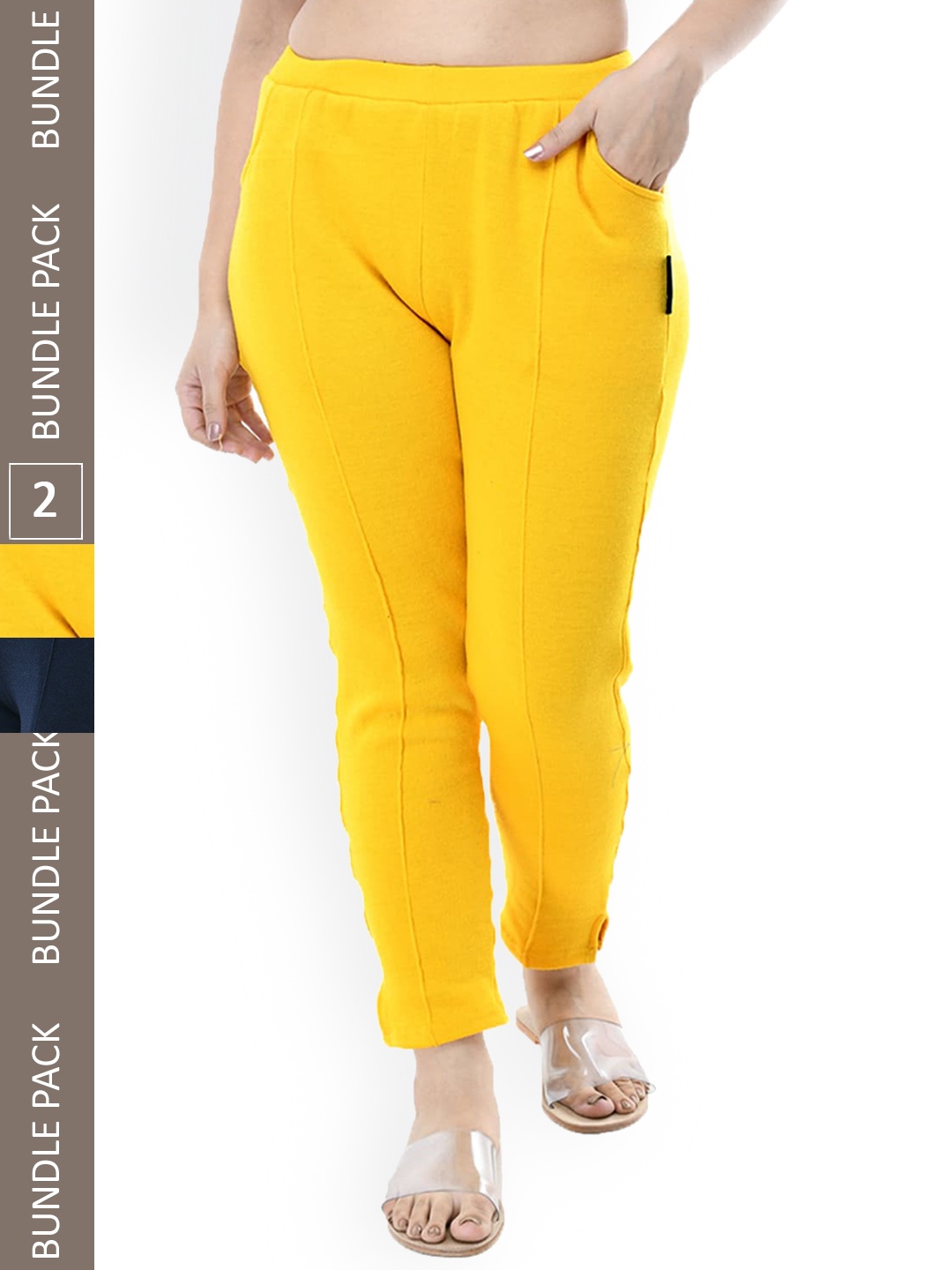 

IndiWeaves Women Pack Of 2 Relaxed Fit High-Rise Trousers, Yellow