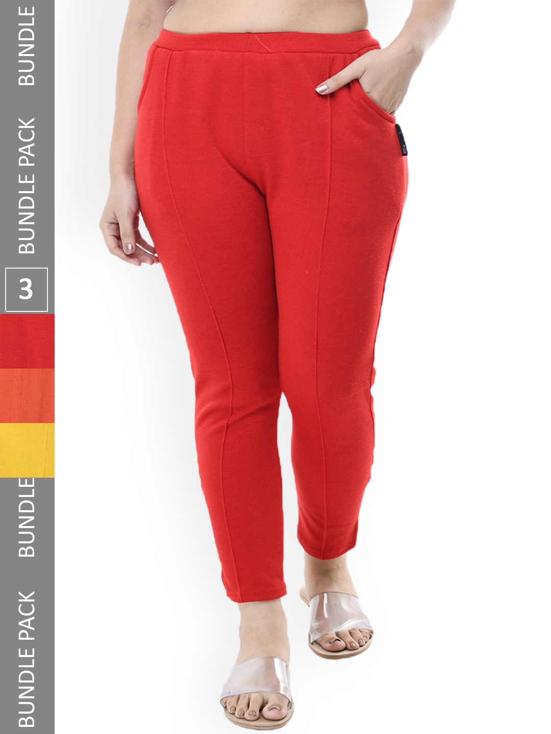 

IndiWeaves Women Pack Of 3 Relaxed Fit High-Rise Trousers, Red