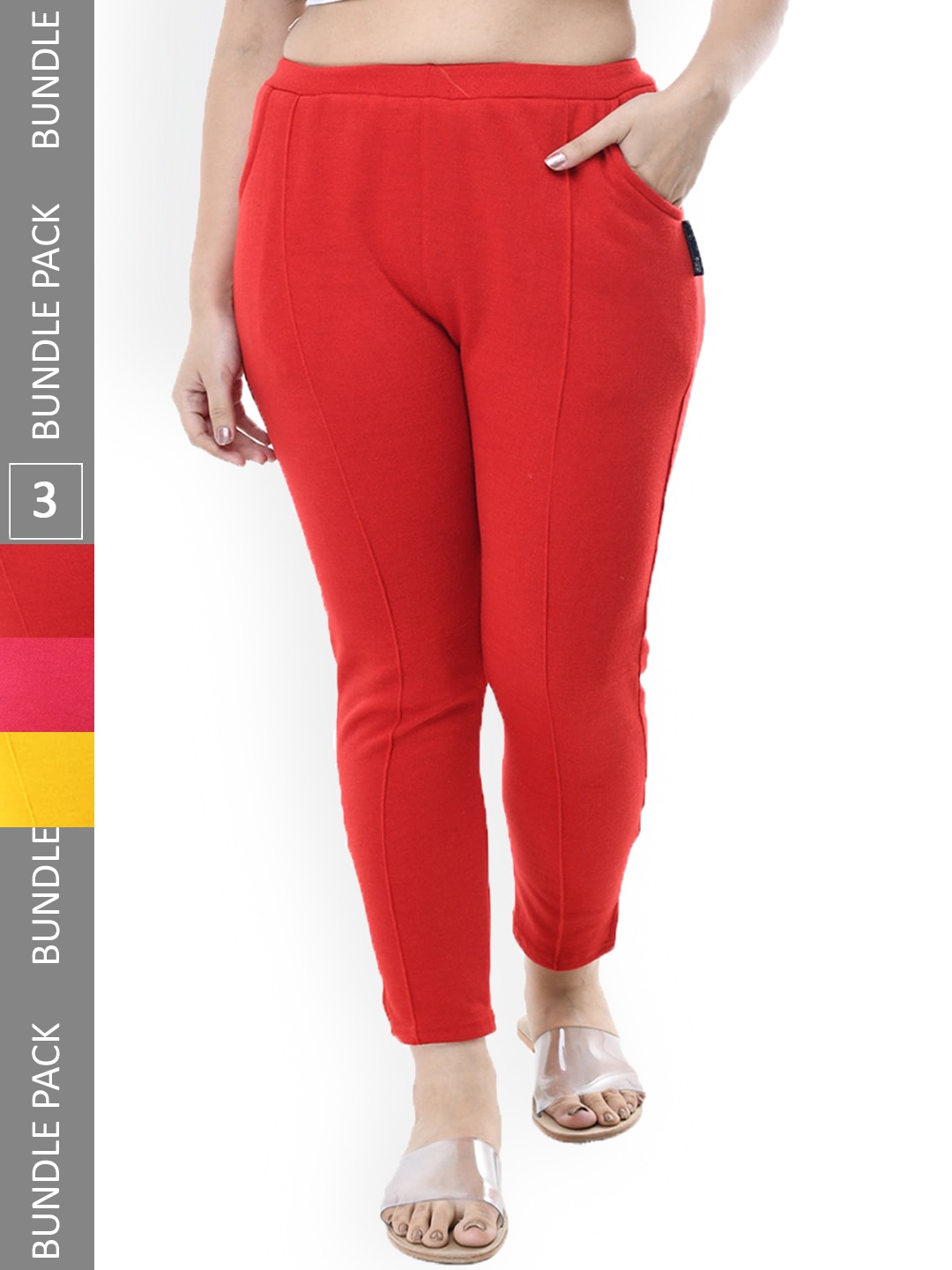 

IndiWeaves Women Pack of 3 Relaxed High-Rise Wool Trousers, Red