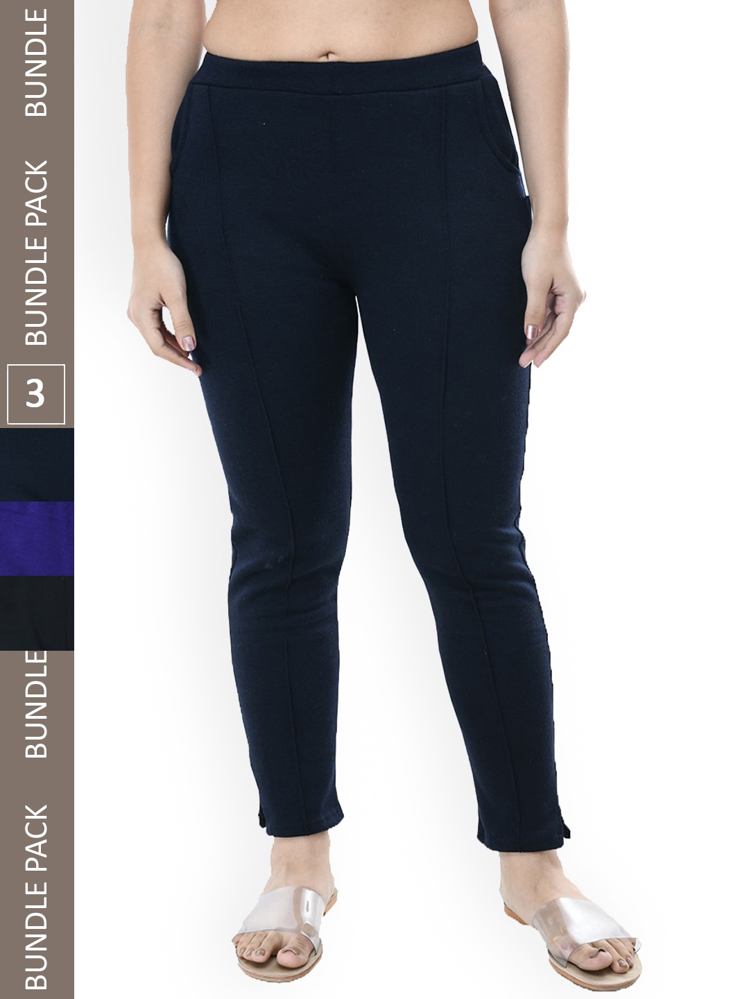 

IndiWeaves Women Pack Of 3 Relaxed Fit High-Rise Trousers, Navy blue
