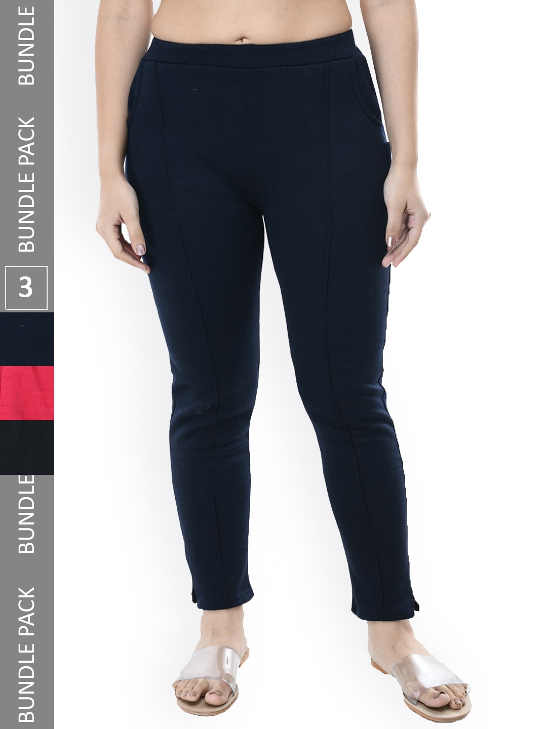 

IndiWeaves Women Pack Of 3 Relaxed High-Rise Wool Trousers, Navy blue