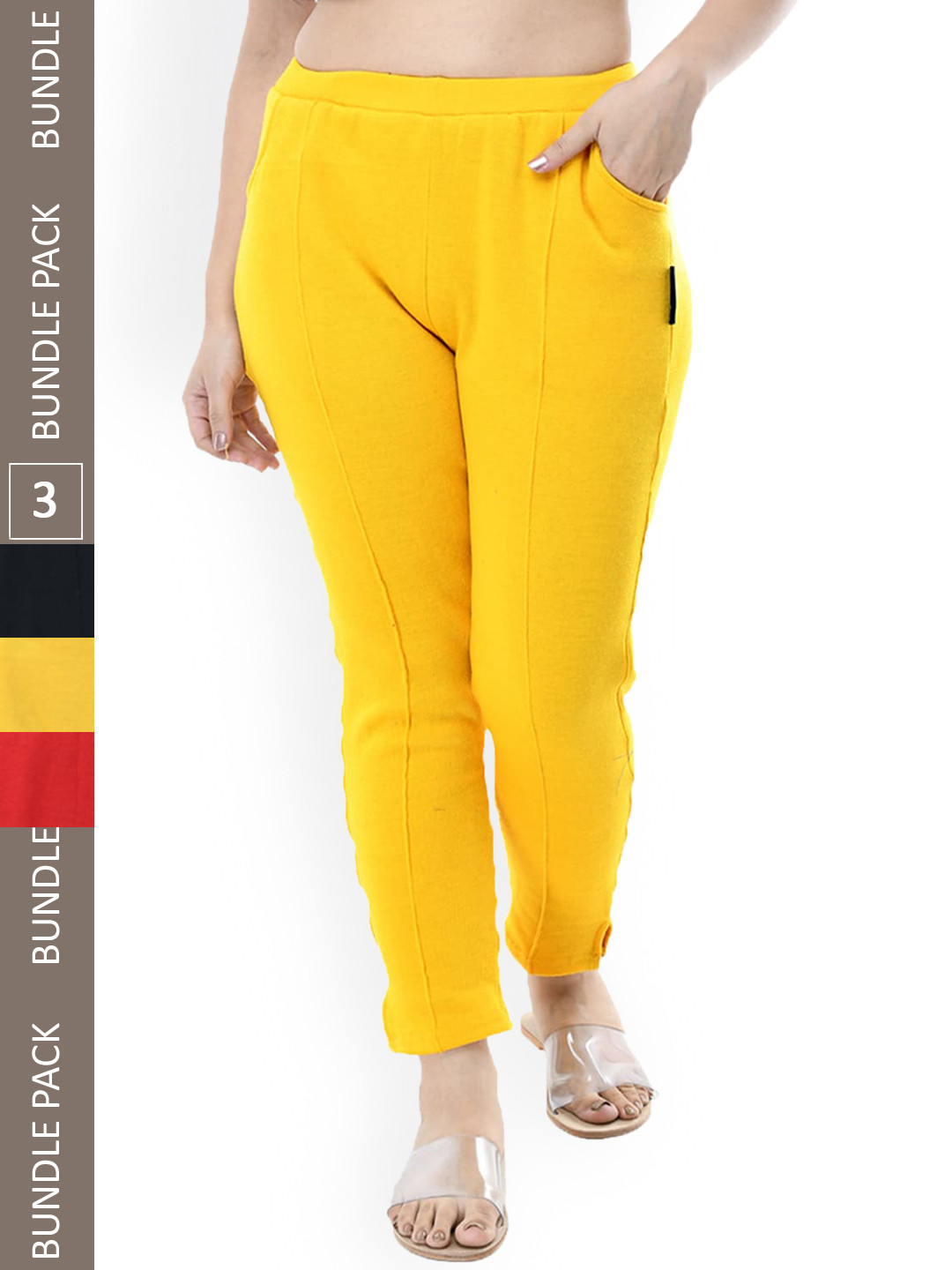 

IndiWeaves Pack Of 3 Relaxed High-Rise Plain Wool Regular Trousers, Yellow
