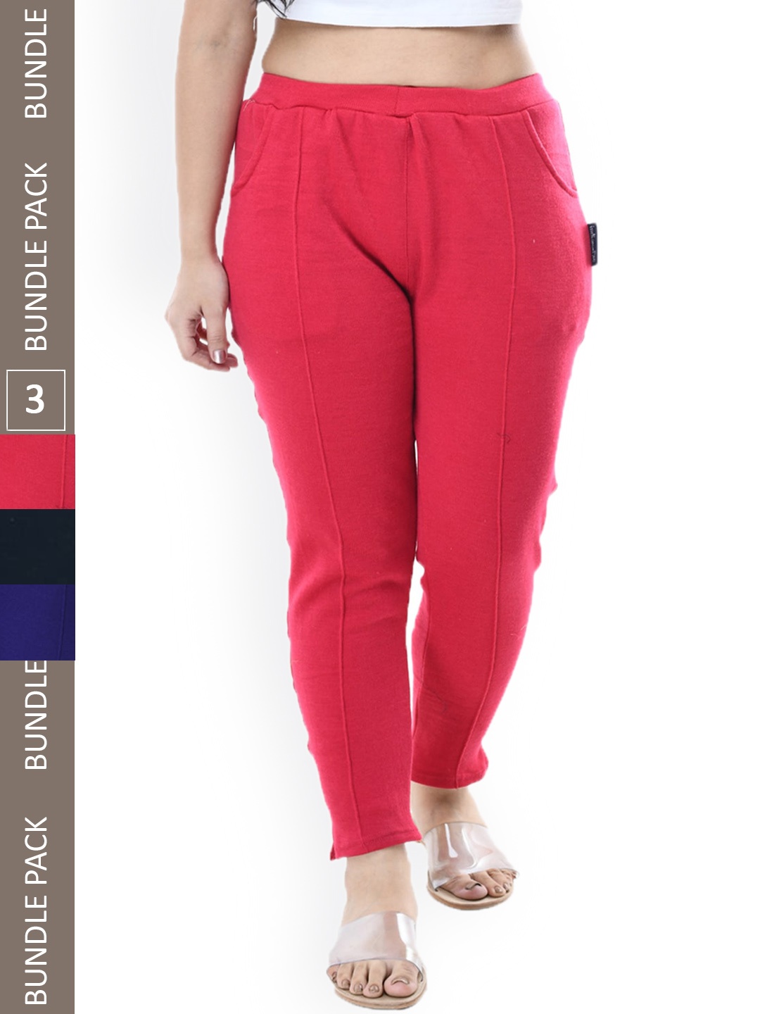 

IndiWeaves Pack Of 3 Relaxed High-Rise Plain Wool Regular Trousers, Pink