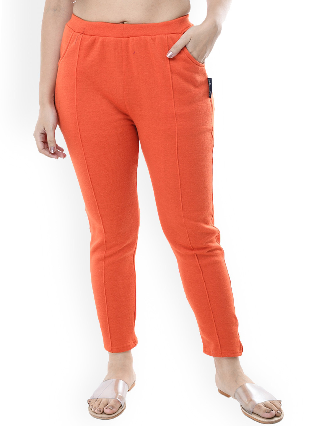 

IndiWeaves Women Relaxed Fit High-Rise Trousers, Orange