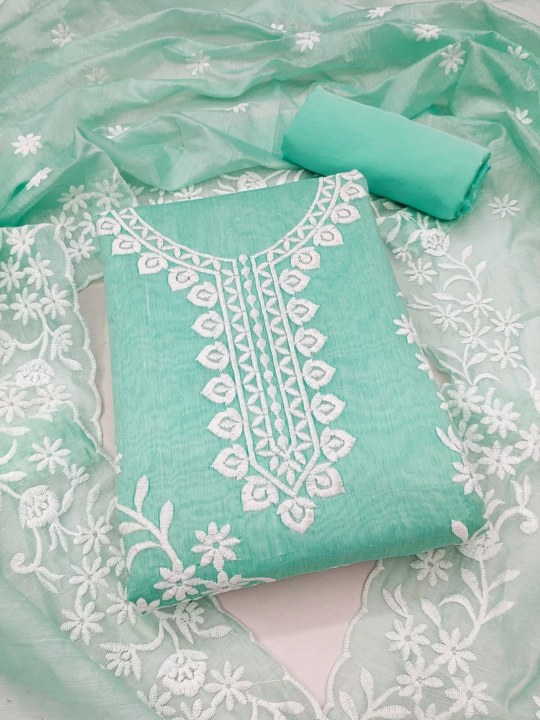 

KALINI Floral Embroidered Unstitched Dress Material, Turquoise blue
