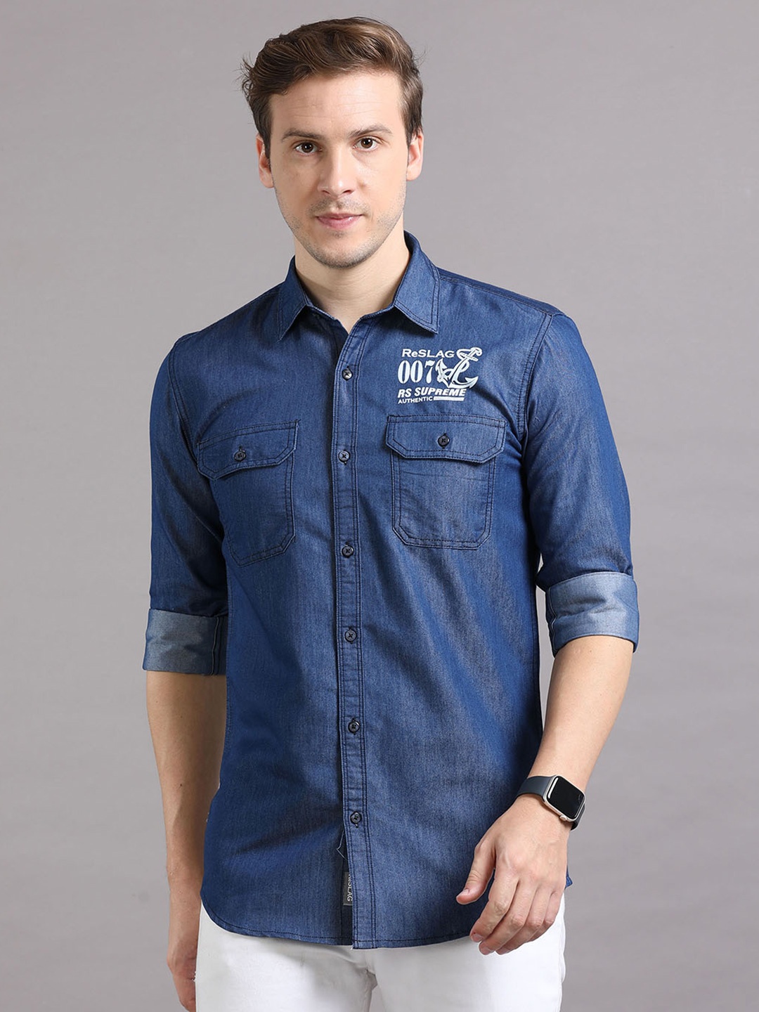 

Reslag Typography Printed Casual Denim Shirt, Blue