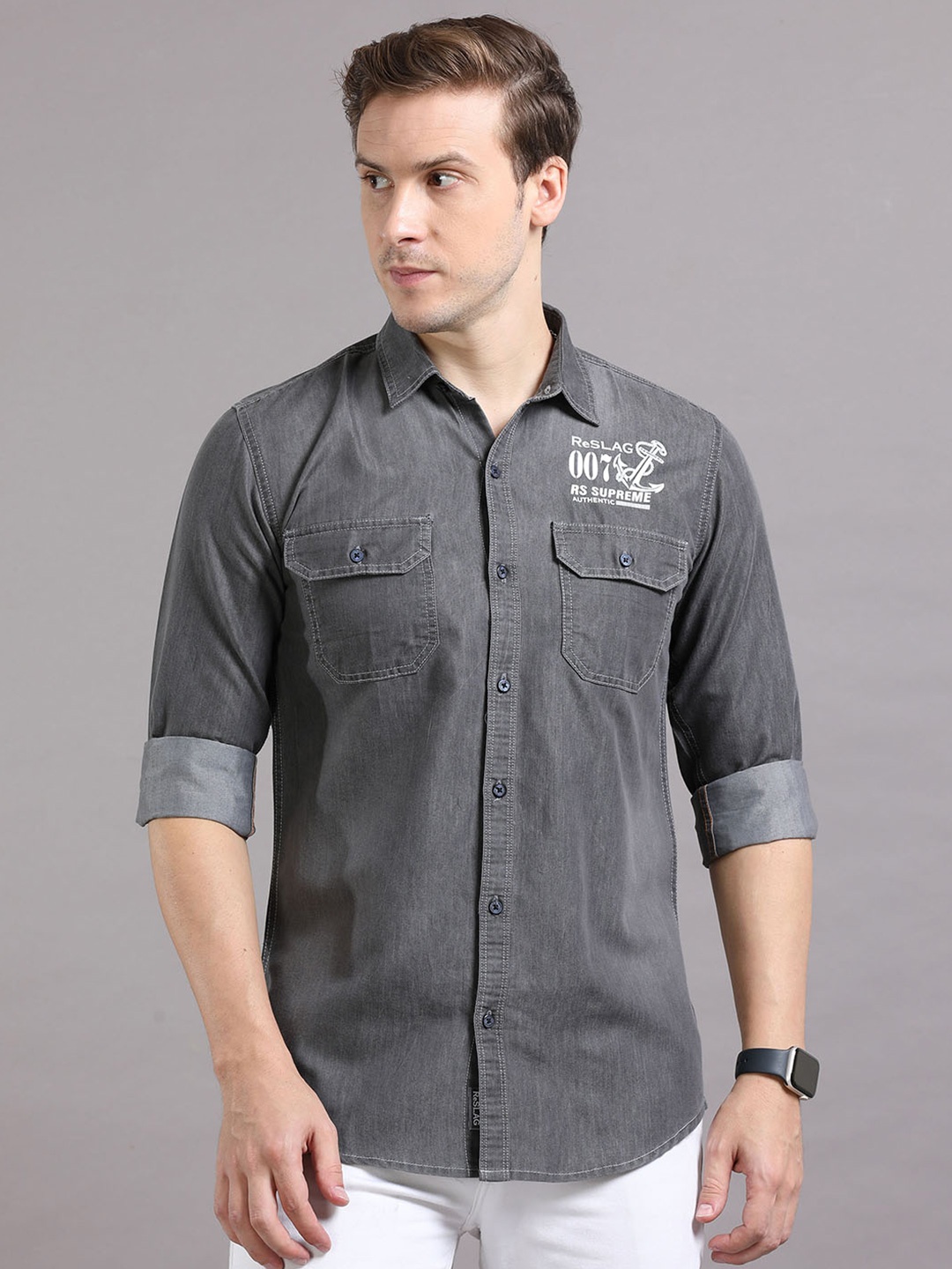 

Reslag Typography Printed Denim Casual Shirt, Grey
