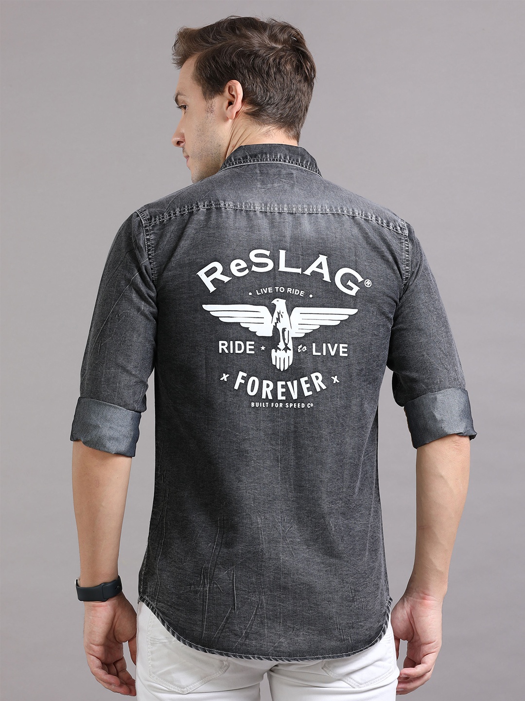 

Reslag Typography Printed Faded Casual Denim Shirt, Grey