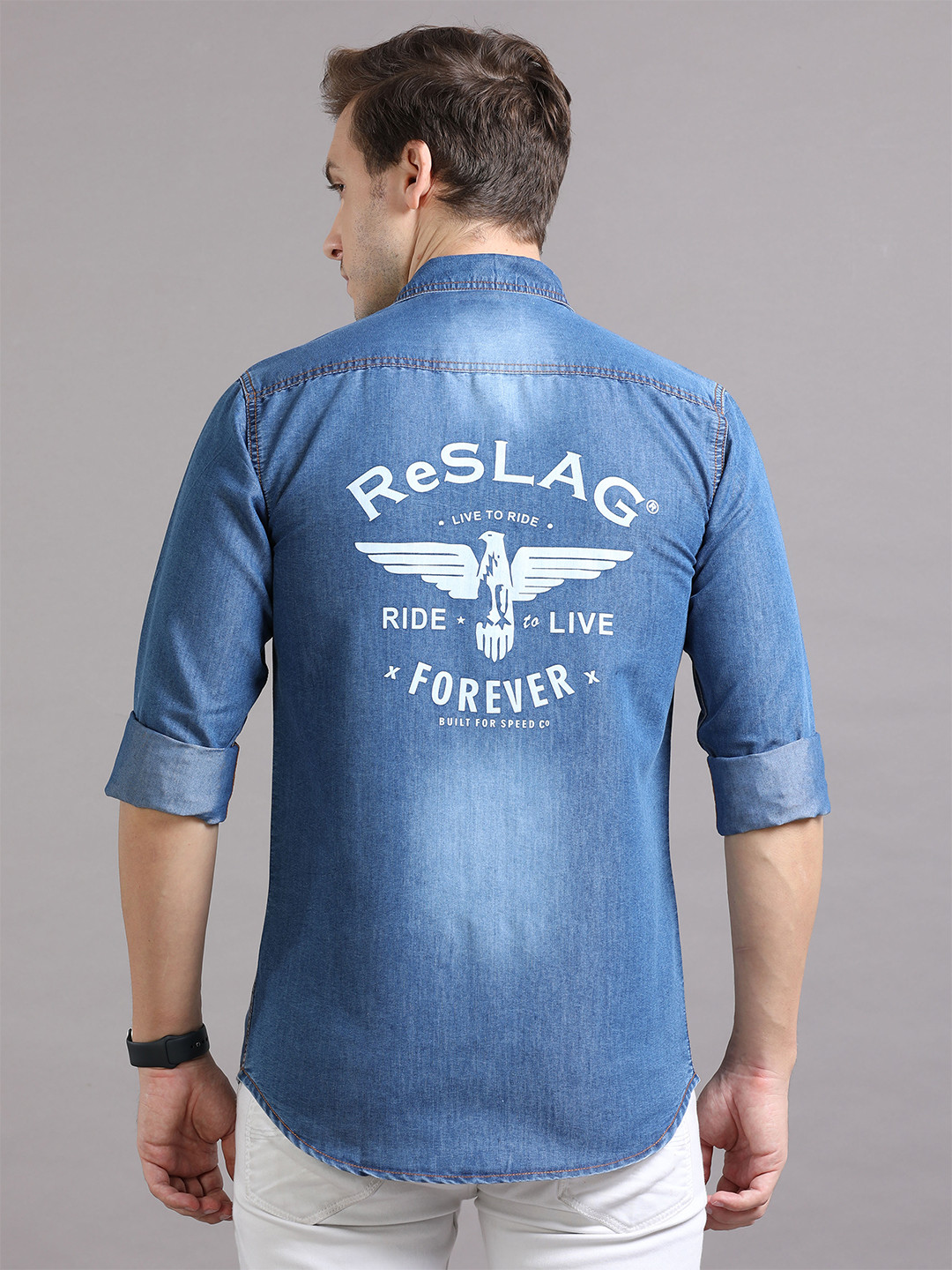 

Reslag Typography Printed Denim Casual Shirt, Blue