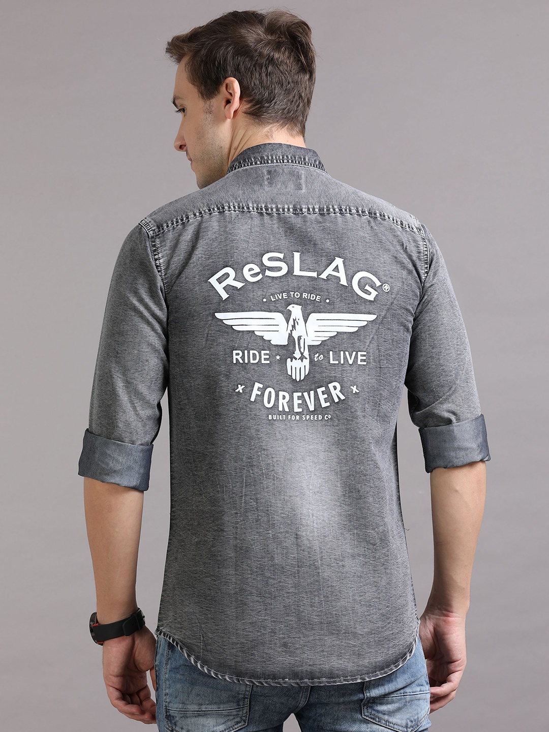 

Reslag Typography Printed Denim Casual Shirt, Grey