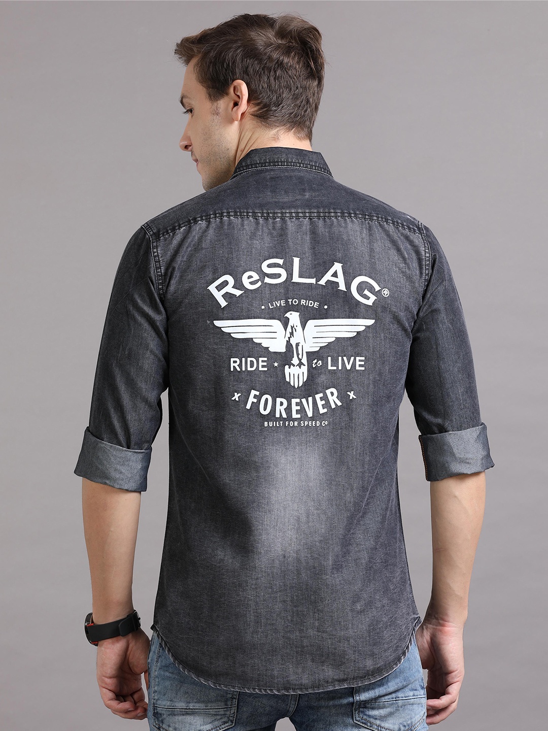

Reslag Typography Printed Faded Casual Denim Shirt, Grey