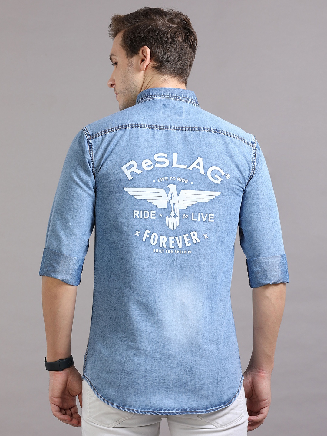 

Reslag Typography Printed Casual Denim Shirt, Blue