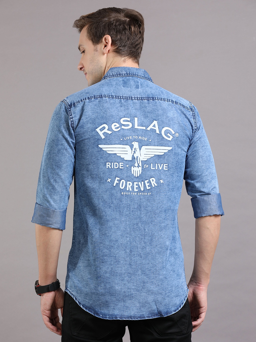 

Reslag Typography Printed Faded Casual Denim Shirt, Blue