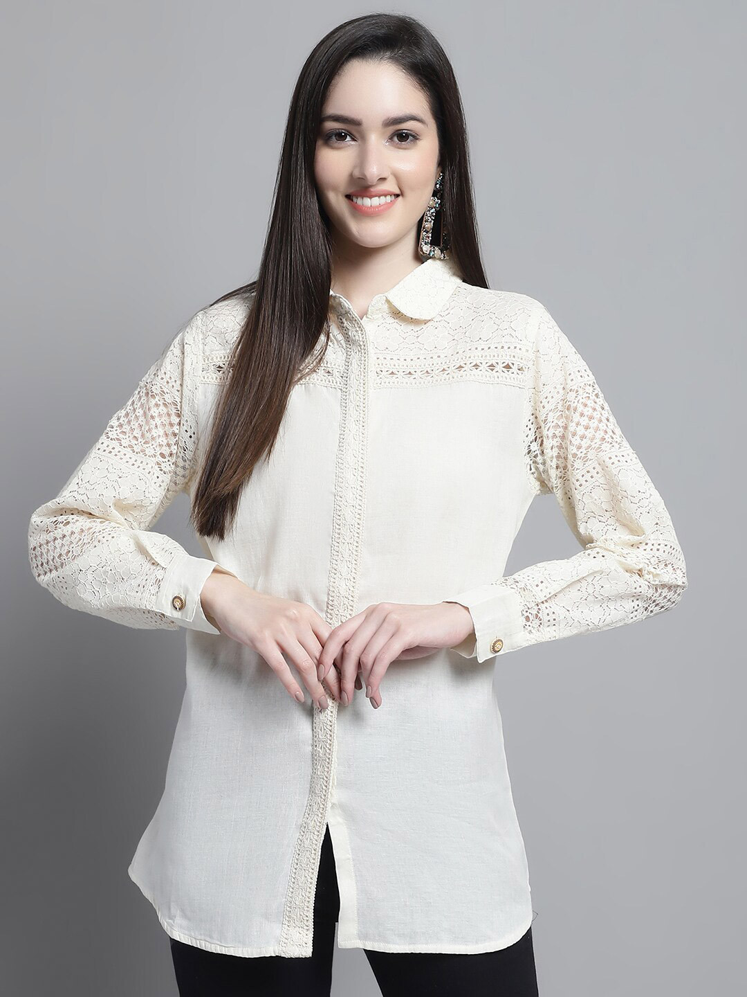 

Tulsattva Edgy Floral Self Design Laced Casual Shirt, Off white