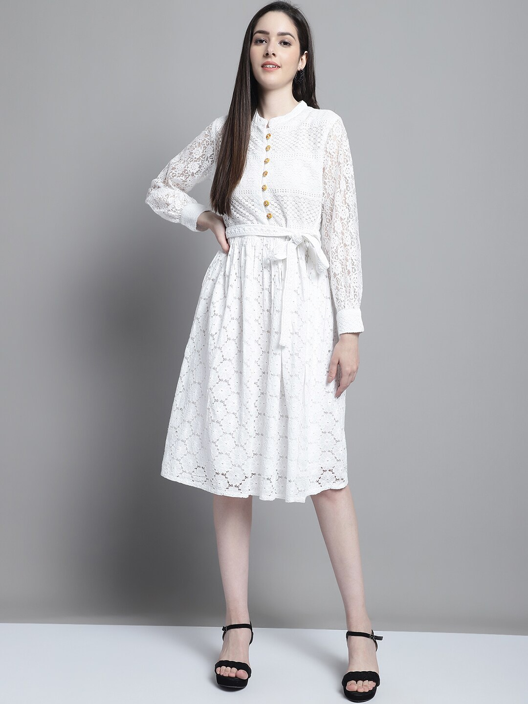 

Tulsattva Self Design Mandarin Collar Belted Pure Cotton A-Line Dress, White
