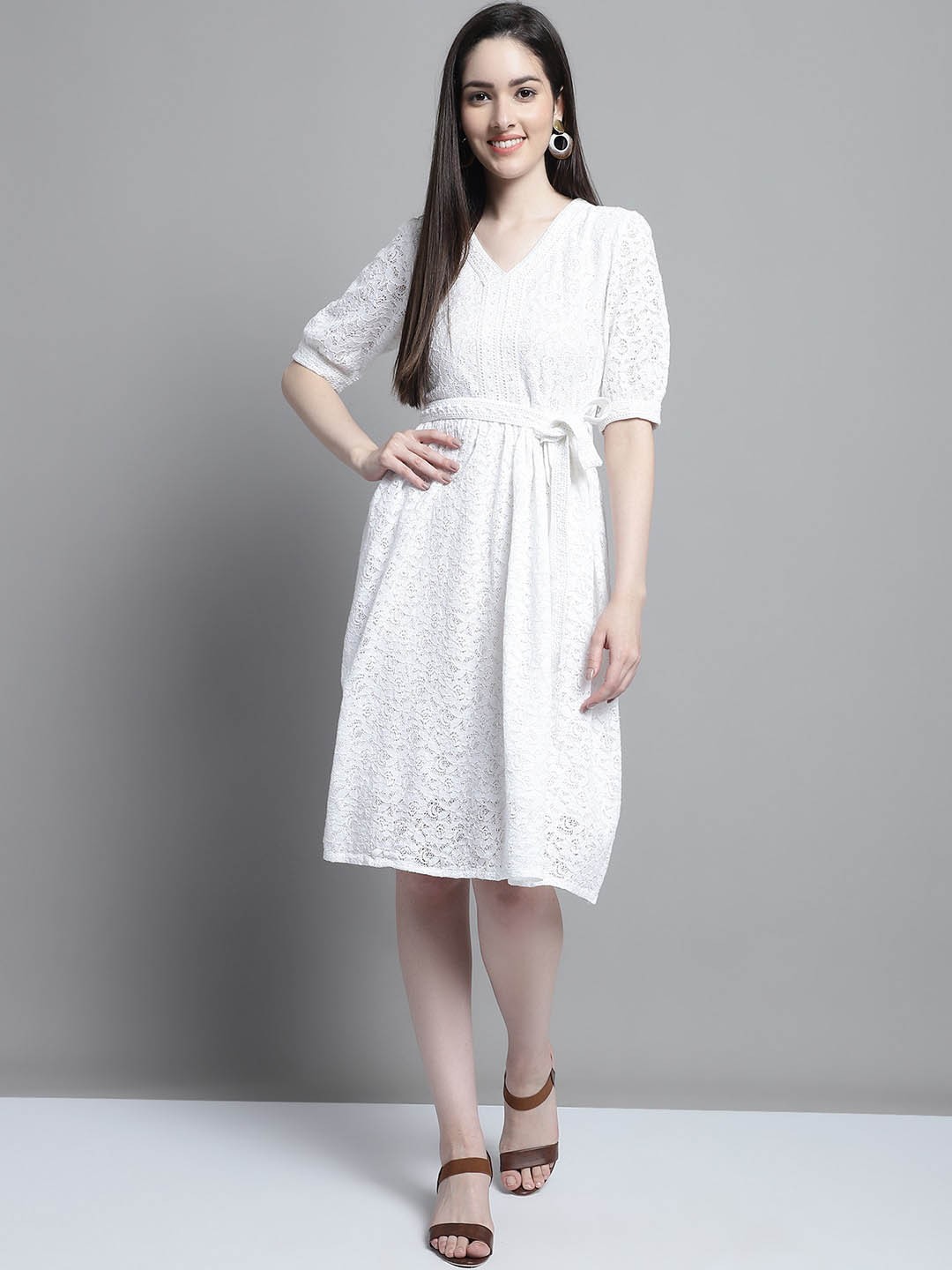 

Tulsattva Self Design V-Neck Belted Pure Cotton A-Line Dress, White