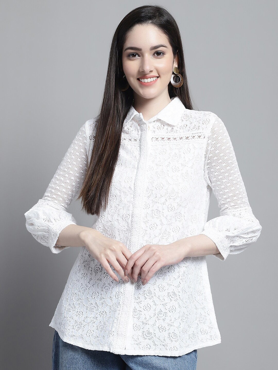 

Tulsattva Edgy Floral Self Design Laced Casual Shirt, White