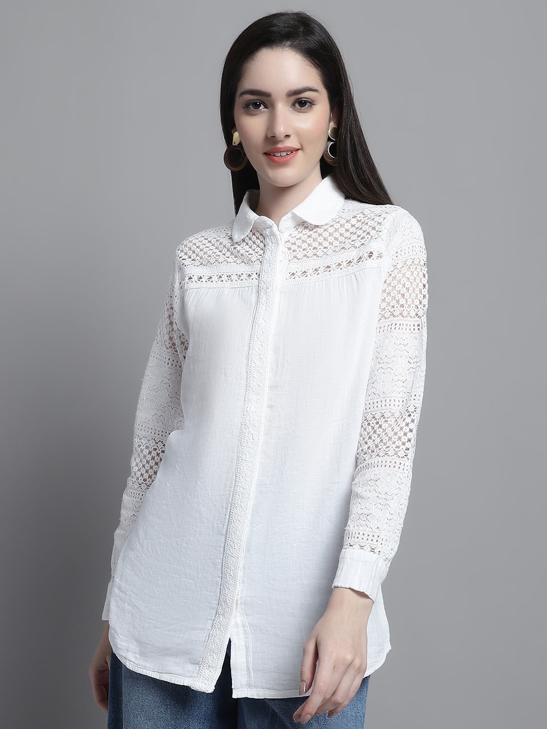 

Tulsattva Edgy Floral Self Design Laced Casual Shirt, White