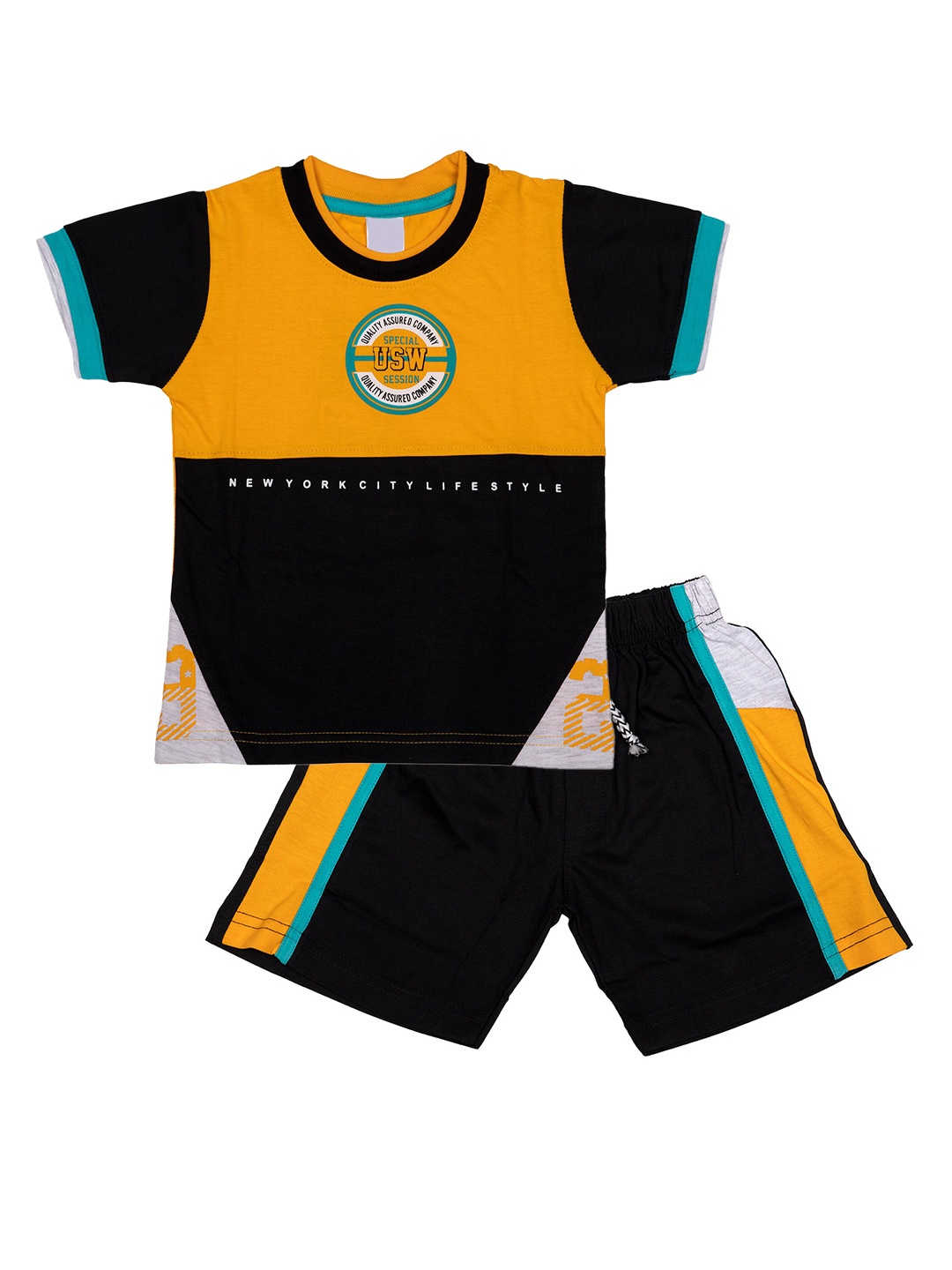 

BAESD Boys Colourblocked Pure Cotton T-Shirt With Shorts, Yellow