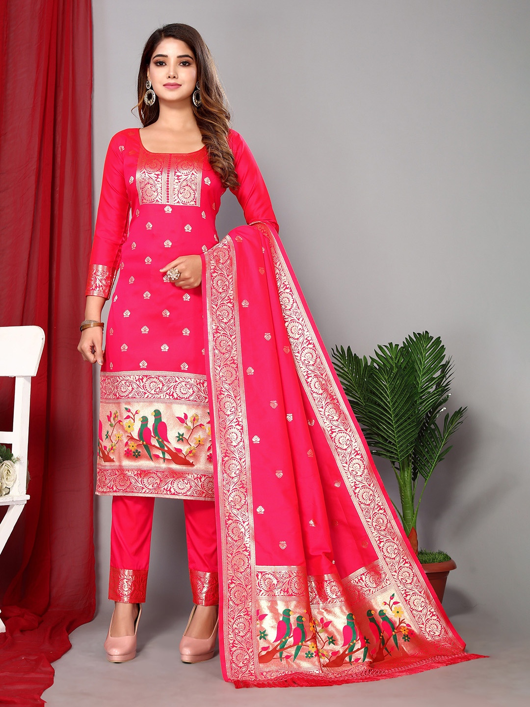 

Paramparik Textile Ethnic Motifs Woven Design Unstitched Dress Material, Pink