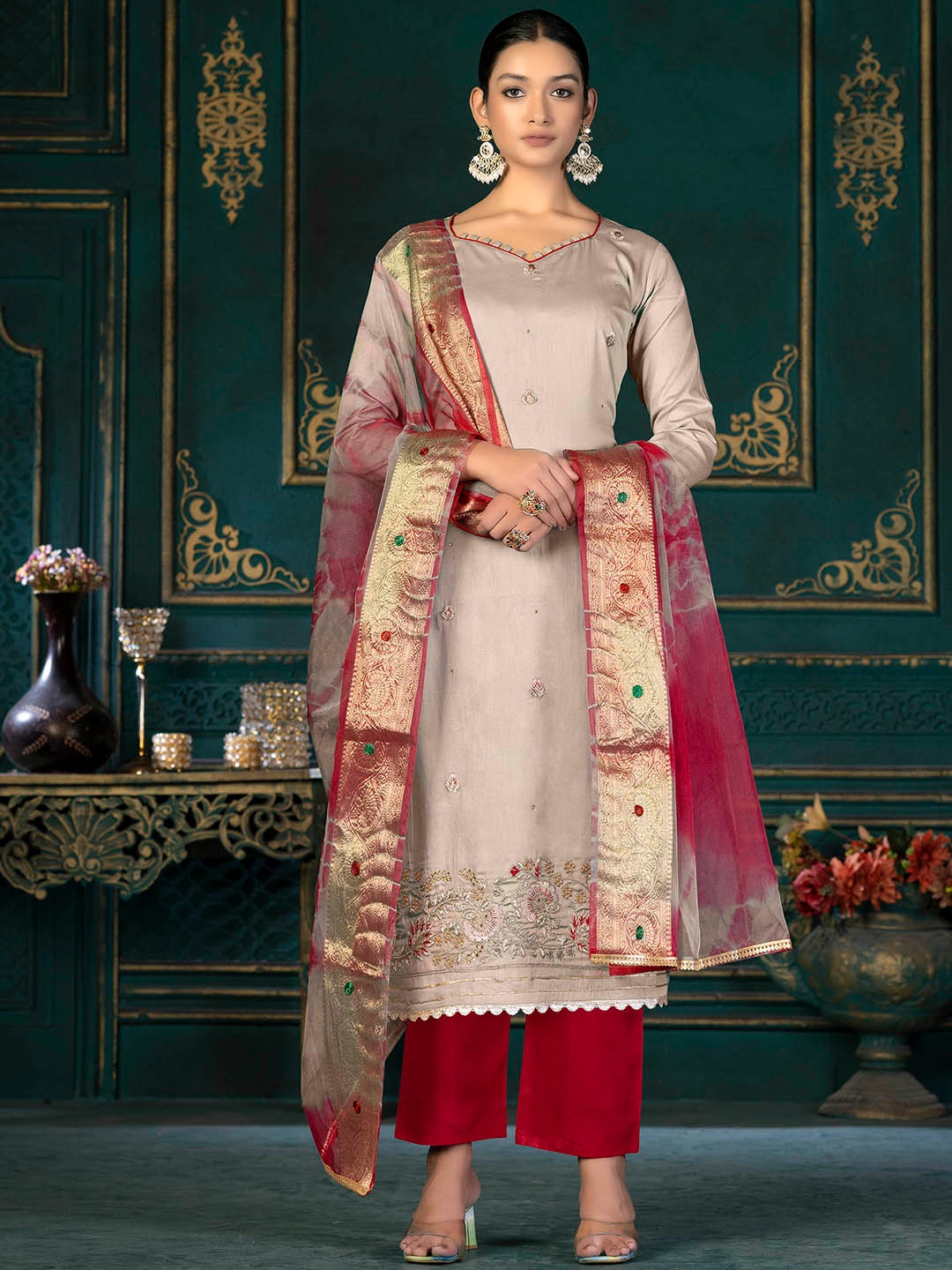 

KALINI Floral Embroidered Unstitched Dress Material, Beige