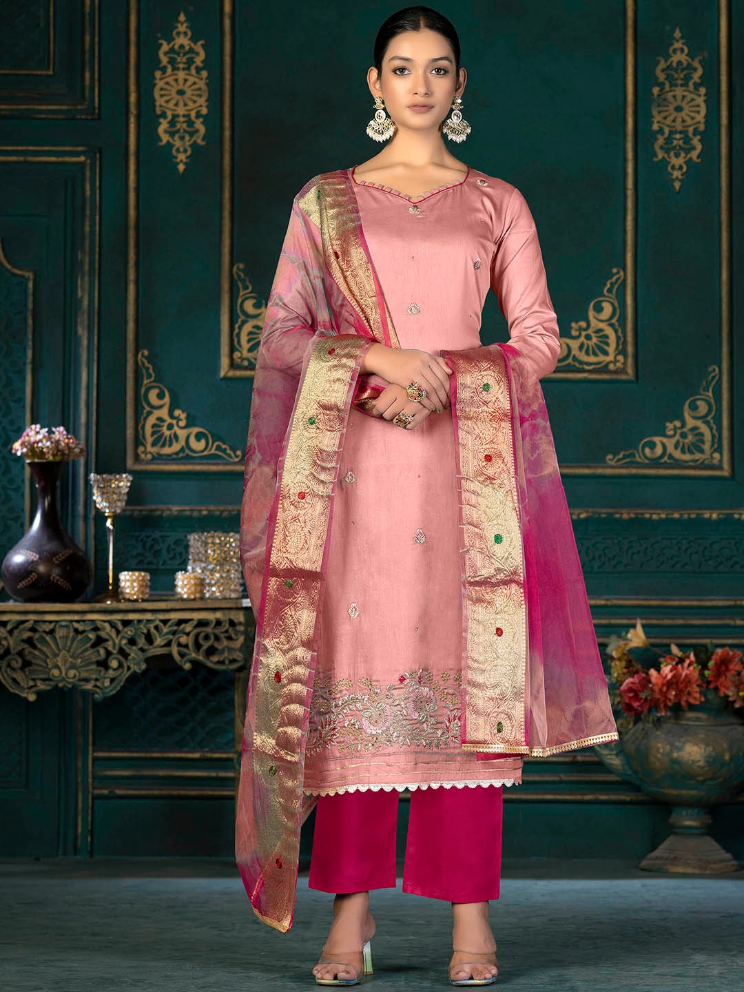 

KALINI Floral Embroidered Unstitched Dress Material, Pink