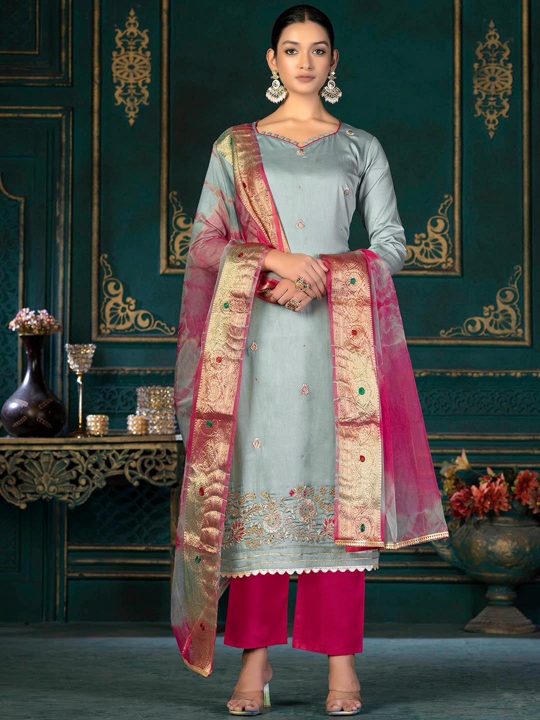 

KALINI Floral Embroidered Unstitched Dress Material, Grey