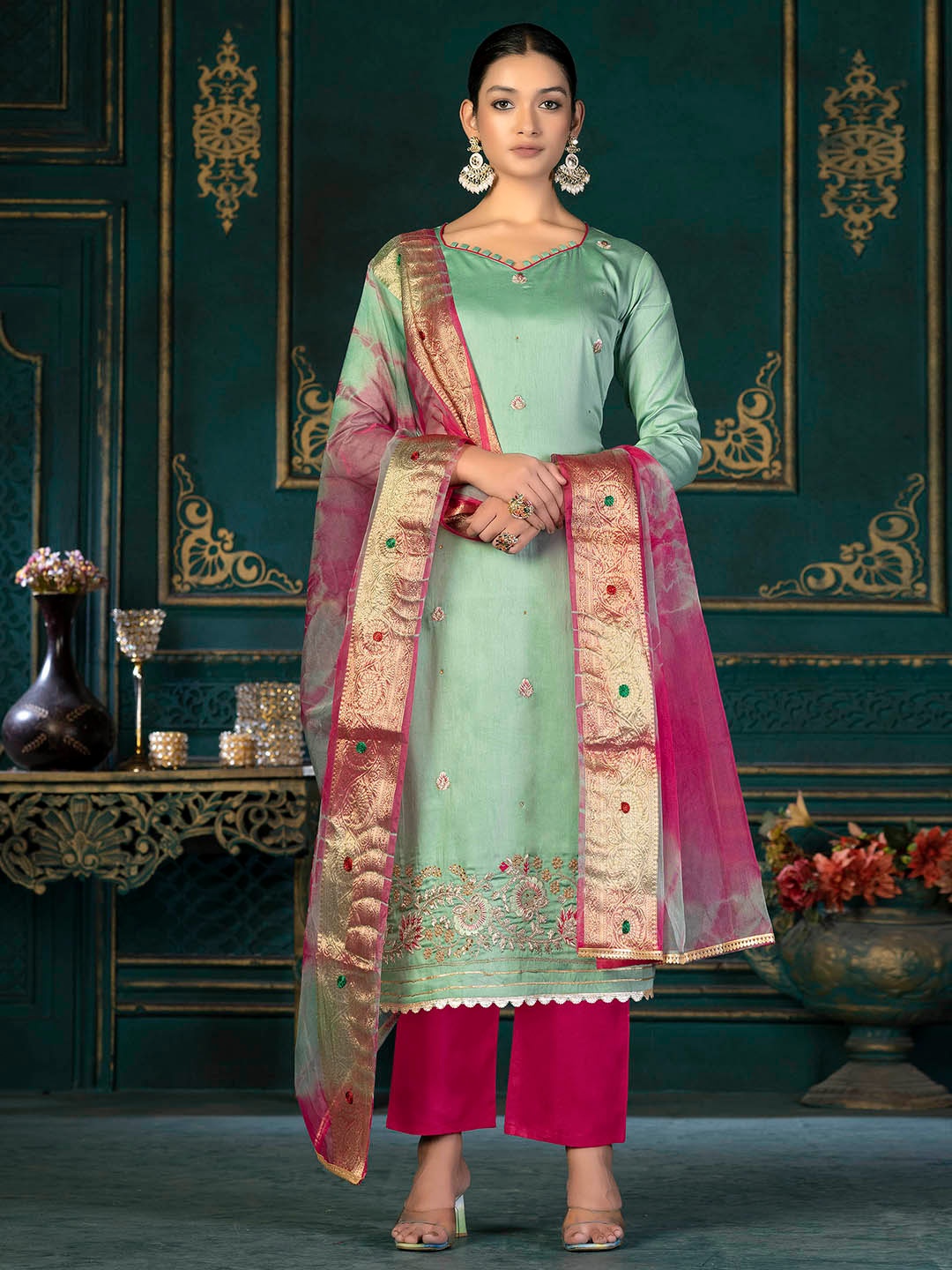 

KALINI Floral Embroidered Unstitched Dress Material, Green