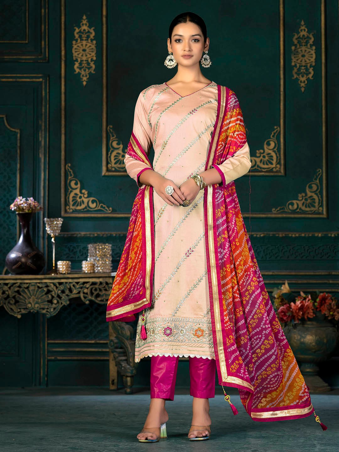 

KALINI Leheriya Embroidered Unstitched Dress Material, Peach