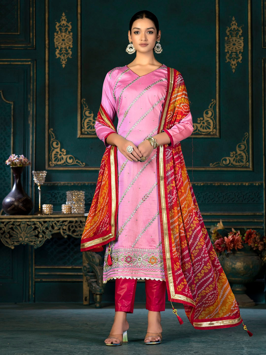 

KALINI Leheriya Embroidered Unstitched Dress Material, Pink