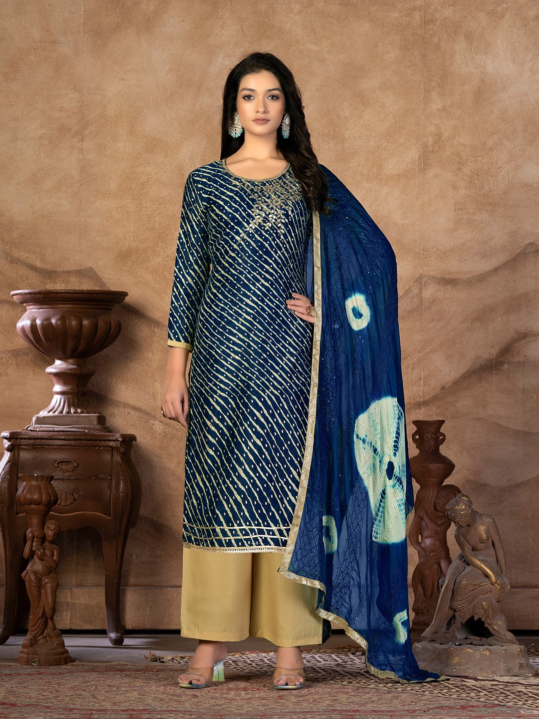 

KALINI Leheriya Printed Embellished Unstitched Dress Material, Navy blue