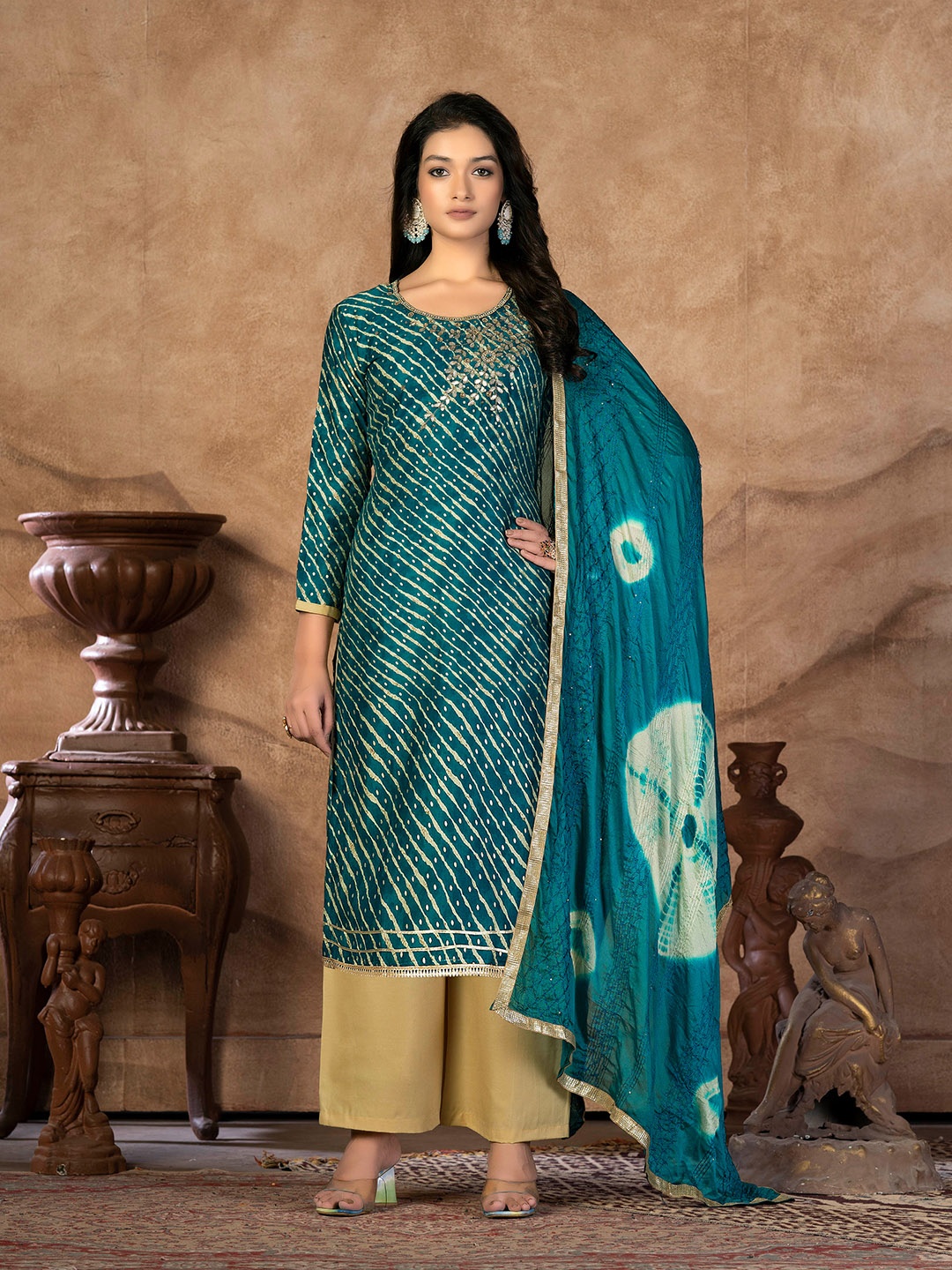 

KALINI Leheriya Printed Embellished Unstitched Dress Material, Teal