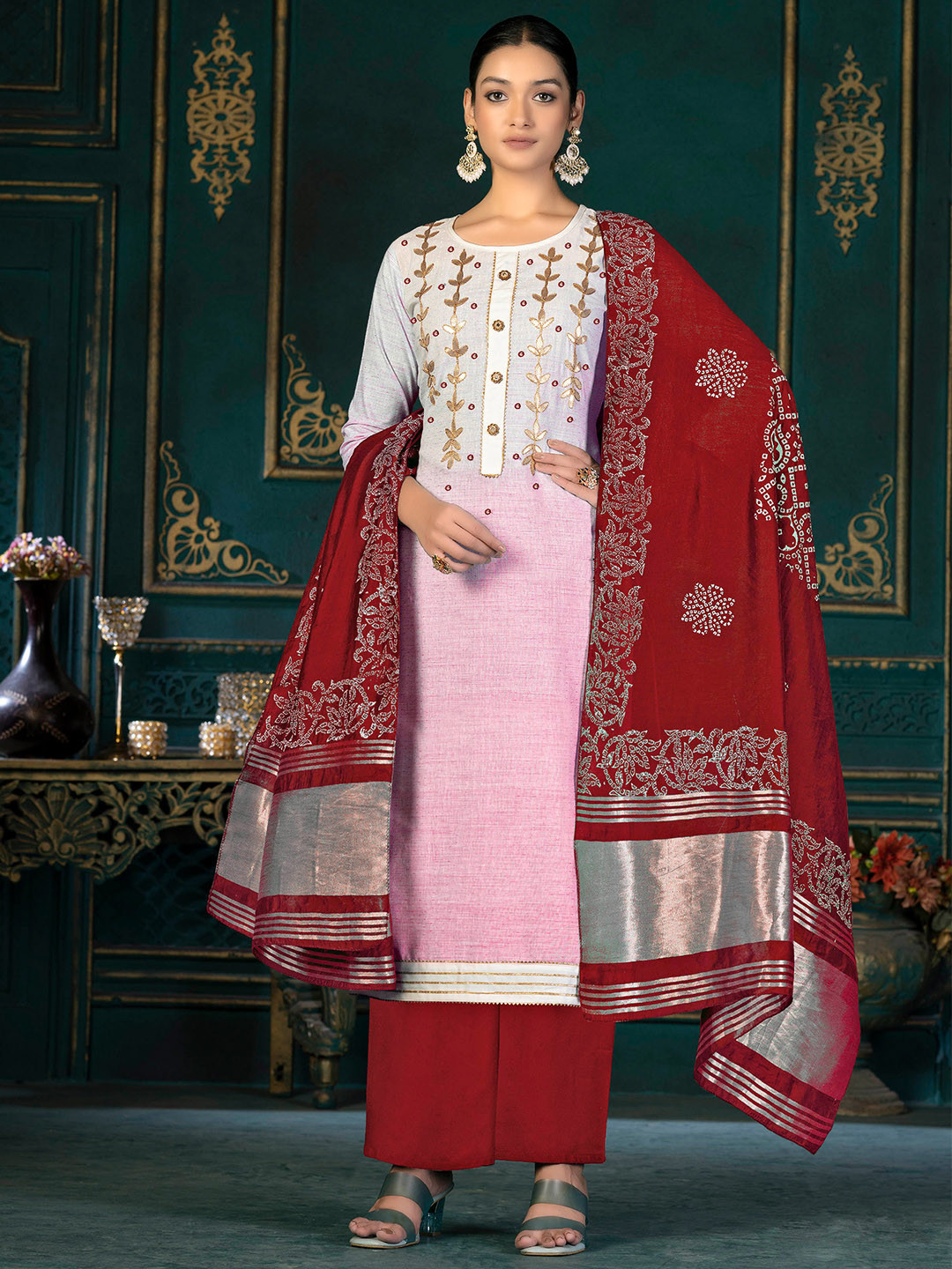 

KALINI Mirror Work Unstitched Dress Material, Pink