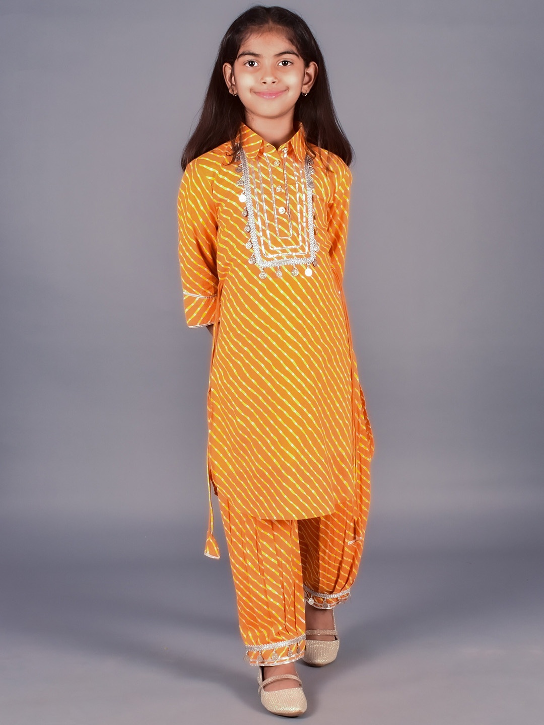 

misbis Girls Striped Regular Gotta Patti Pure Cotton Kurta With Salwar, Orange